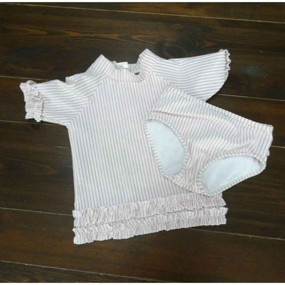 Ruffle Butts Girls 3T Swim Suit Set Pink White Striped Long Sleeve Top & Bottom